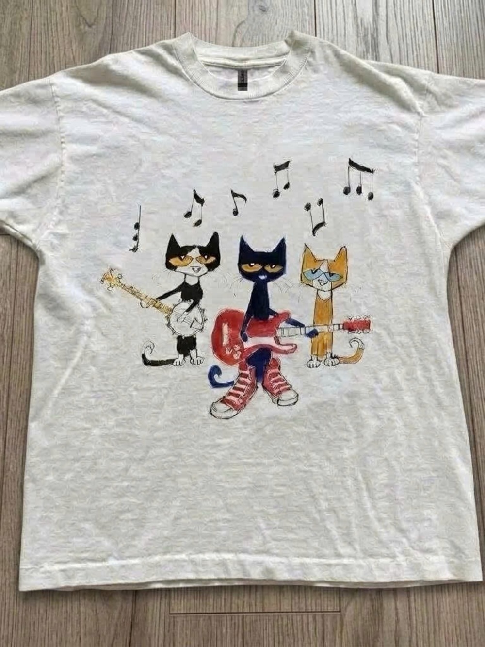 Gildan White Tee with Multicolor Cat Band Graphic